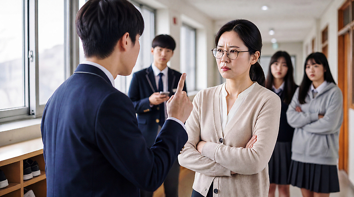 JPG 편집이미지 학생 대화 교사 복도 긴장 소통 의료성형뷰티 교권침해 편집실사 AI인물포토 AI콘텐츠 직업 감정 컨셉 말하기 사회이슈 CG 파일형식 AI포토 모션