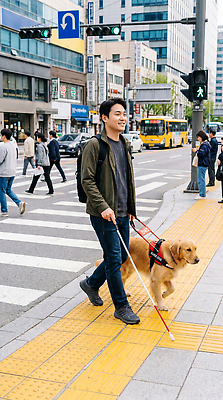 JPG 편집이미지 도로 길 교통 자동차 거리 사람 일상 걷기 신호등 장애인 교차로 시민 안내견 의료성형뷰티 편집실사 AI인물포토 AI콘텐츠 육상교통 교통시설 모션 라이프 개 CG 국민 장애 파일형식 AI포토 교통수단 포유류 생활 시설 동물