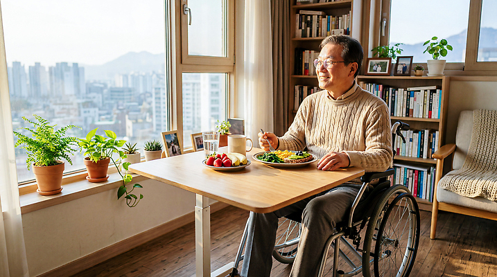 JPG 편집이미지 노년 채소 과일 창문 탁자 건강 일상 식사 도시 장애인 휠체어 의료성형뷰티 편집실사 AI인물포토 AI콘텐츠 가구 성인 라이프 CG 장애 파일형식 AI포토 생활용품 사람 생활 오브젝트