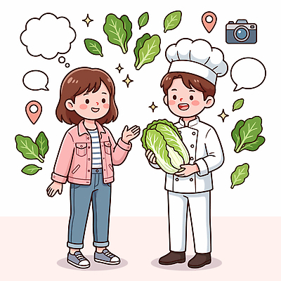 음식 채소 일러스트 식재료 재료 대화 요리 요리사 신선 상추 고객 즐거움 관심 요리교실 국내일러스트 AI파일 직업 감정 수업 말하기 파일형식 벡터 교육 모션