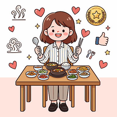 여자 한식 음식 일러스트 젓가락 식탁 밥 반찬 수저 건강 요리 식사 즐거움 국 국내일러스트 AI파일 식기 감정 탁자 사람 파일형식 벡터 가구 생활용품 오브젝트