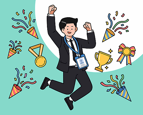 행복 리본 일러스트 성공 기념 웃음 사람 정장 이벤트 장식 점프 기쁨 구직 축하 수상 트로피 메달 취업생 국내일러스트 AI파일 옷 감정 컨셉 모션 표정 상 파일형식 벡터 상패 우승 최고