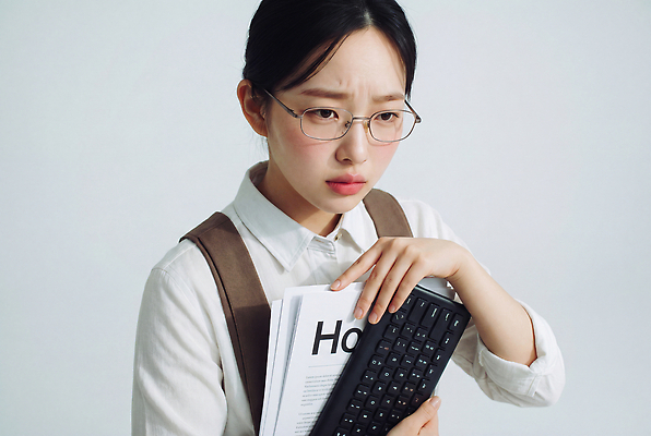 JPG 편집이미지 손 여자 안경 생각 아이디어 표정 책 키보드 작업 좌절 집중 고민 문서 취업준비생 의료성형뷰티 편집실사 AI인물포토 AI콘텐츠 잡화 감정 컨셉 사람 신체부위 구직 CG 파일형식 AI포토