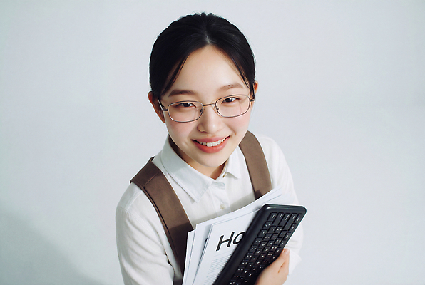 JPG 편집이미지 학생 여자 교육 안경 아이디어 웃음 책 노트북 학습 자료 작업 취업준비생 의료성형뷰티 편집실사 AI인물포토 AI콘텐츠 잡화 컨셉 표정 사람 전자제품 구직 CG 파일형식 AI포토