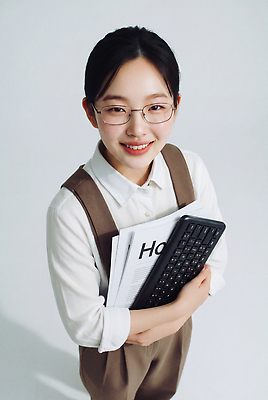 JPG 편집이미지 여자 안경 포즈 표정 미소 사무용품 키보드 작업 멜빵 취업준비생 의료성형뷰티 편집실사 AI인물포토 AI콘텐츠 잡화 문구용품 사람 구직 CG 파일형식 AI포토 컨셉 오브젝트