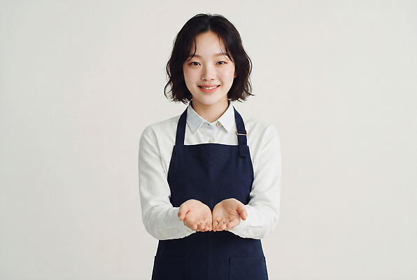 JPG 편집이미지 손 여자 셔츠 표정 웃음 사람 앞치마 바리스타 의료성형뷰티 편집실사 AI인물포토 AI콘텐츠 직업 상의 신체부위 CG 파일형식 AI포토 옷