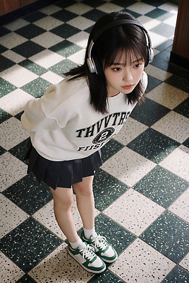 JPG 편집이미지 학생 여자 음악 바닥 서기 캐주얼 치마 하이앵글 헤드폰 듣기 체크무늬 의료성형뷰티 편집실사 하이틴 AI인물포토 AI콘텐츠 옷 뷰포인트 음향기기 컨셉 무늬 모션 하의 문화예술 사람 CG 파일형식 AI포토 전자제품