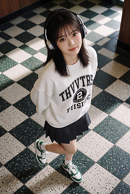 JPG 편집이미지 학생 긴머리 옷 여자 패션 교실 바닥 캐주얼 하이앵글 헤드폰 스니커즈 의료성형뷰티 편집실사 하이틴 AI인물포토 AI콘텐츠 헤어스타일 교육 뷰포인트 음향기기 운동화 컨셉 학교 사람 CG 파일형식 AI포토 신발 전자제품