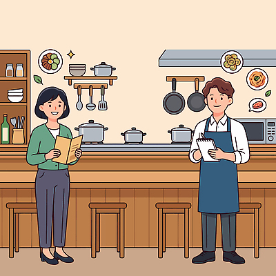 음식 의자 일러스트 주방용품 대화 요리 사람 마을 주방 식당 요리사 메모지 상차림 고객 메뉴 주문 맛집 요리준비 국내일러스트 AI파일 직업 가구 생활용품 말하기 상점 사무용품 준비 파일형식 벡터 모션 문구용품 오브젝트