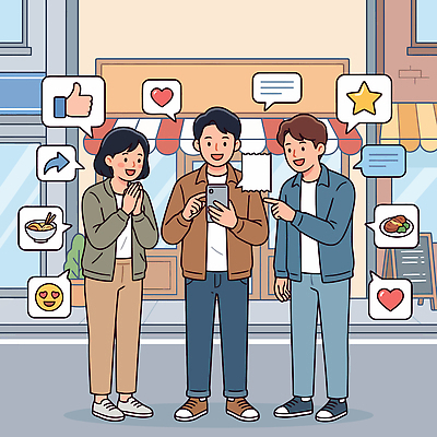 행복 일러스트 표정 대화 웃음 사람 친구 스마트폰 마을 식사 즐거움 맛집 소통 리뷰 소셜미디어 국내일러스트 AI파일 감정 컨셉 관계 말하기 핸드폰 스마트기기 파일형식 벡터 모션 전자제품