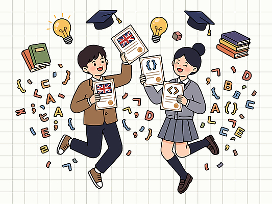학생 영어 교육 일러스트 학사모 졸업 성공 웃음 사람 책 친구 학습 기쁨 상패 과정 수료 코딩 국내일러스트 AI파일 문자 모자 감정 컨셉 관계 표정 우승 컴퓨터교육 파일형식 벡터 잡화 최고