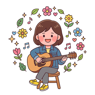 여자 꽃 악기 음악 의자 음표 일러스트 노래 웃음 소리 기타 즐거움 음악교육 리듬 국내일러스트 AI파일 식물 기호 교육 감정 가구 현악기 문화예술 표정 사람 파일형식 벡터 문자 생활용품 오브젝트