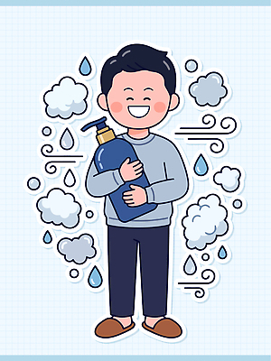 남자 행복 일러스트 안기 웃음 물방울 용기 샴푸 두피 두피관리 두피케어 국내일러스트 AI파일 그릇 감정 모션 표정 사람 위생용품 헤어관리 파일형식 벡터 식기 생활용품 뷰티 오브젝트