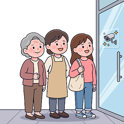 시선 여자 일러스트 출입구 대화 미소 웃음 친구 카메라 상점 만남 연령 즐거움 방문 감시카메라 국내일러스트 AI파일 감정 컨셉 관계 표정 말하기 사람 전자제품 파일형식 벡터 모션