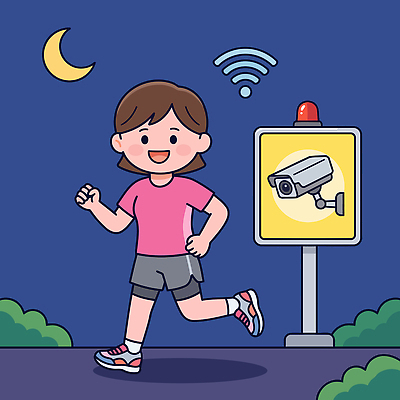 공원 여자 길 일러스트 거리 건강 안전 달리기 운동 달 표지판 풀 밤 보안 감시카메라 경고등 국내일러스트 AI파일 자연요소 공공시설 모션 알림판 사람 카메라 파일형식 벡터 전자제품 시설