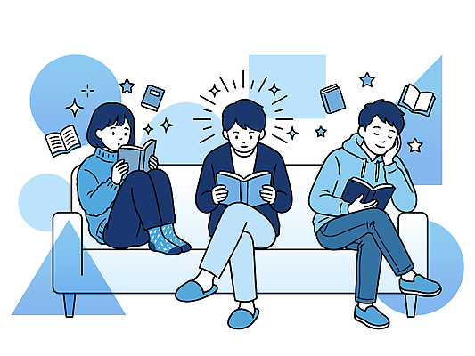 여자 남자 문화 생각 일러스트 사람 취미 책 세명 소파 독서 읽기 즐거움 관심 흥미 국내일러스트 AI파일 감정 컨셉 의자 모션 파일형식 벡터 가구 생활용품 오브젝트