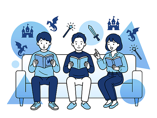 캐릭터 여자 남자 일러스트 이야기 책 세명 친구 판타지 소파 독서 성 검 집중 즐거움 마법 드래곤 상상력 국내일러스트 AI파일 건축물 감정 무기 컨셉 의자 관계 상상 사람 파일형식 벡터 건축 가구 생활용품 오브젝트