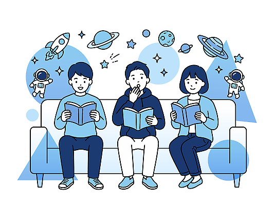 여자 남자 의자 일러스트 가족 이야기 사람 책 세명 소파 독서 우주 행성 탐험 우주비행사 편안함 우주선 읽기 호기심 상상력 국내일러스트 AI파일 감정 가구 컨셉 관계 모션 감각 파일형식 벡터 생활용품 오브젝트