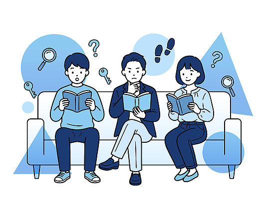 캐릭터 여자 남자 생각 일러스트 실내 표정 사람 책 세명 소파 독서 놀람 그룹 읽기 고민 호기심 국내일러스트 AI파일 감정 컨셉 의자 모션 내부 파일형식 벡터 가구 생활용품 오브젝트