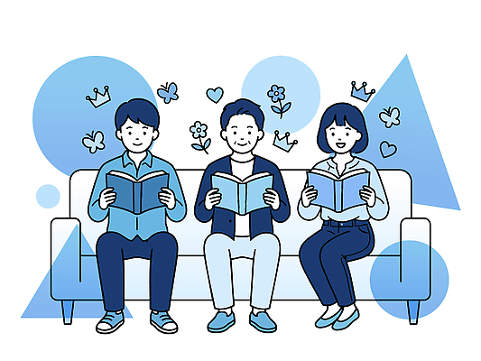 여자 남자 꽃 나비 일러스트 가족 왕관 대화 웃음 사람 취미 책 세명 친구 소파 독서 읽기 즐거움 국내일러스트 AI파일 식물 감정 곤충 의자 관계 모션 표정 말하기 파일형식 벡터 동물 가구 생활용품 오브젝트