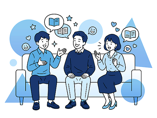 여자 남자 상징 일러스트 이야기 대화 웃음 일상 책 세명 친구 소파 독서 만남 즐거움 의견 소셜 국내일러스트 AI파일 감정 컨셉 의자 관계 표정 말하기 사람 라이프 파일형식 벡터 가구 모션 생활 생활용품 오브젝트
