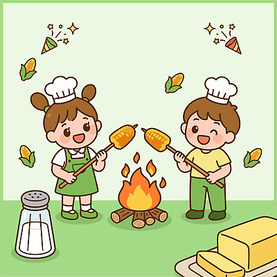 어린이 일러스트 자연 불 옥수수 요리 웃음 야외 여름 친구 식사 모닥불 즐거움 소금 옥수수축제 국내일러스트 AI파일 자연요소 계절 감정 관계 곡류 표정 사람 축제 생태계 파일형식 벡터