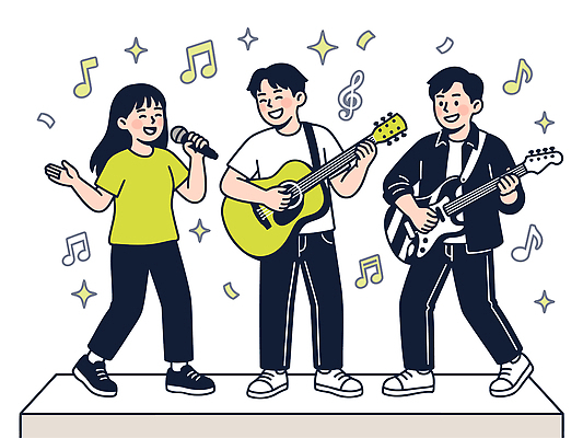 여자 남자 악기 음악 일러스트 노래 청소년 친구 청춘 공연 무대 기타 마이크 즐거움 소통 리듬 국내일러스트 AI파일 감정 음향기기 컨셉 관계 현악기 문화예술 사람 이벤트 파일형식 벡터 전자제품