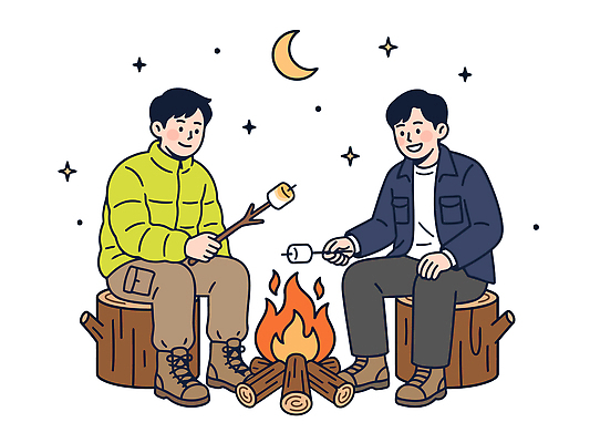 남자 별 일러스트 자연 하늘 불 앉기 취미 두명 친구 청춘 캠핑 달 밤 모닥불 굽기 나무밑둥 마시멜로우 동아리 국내일러스트 AI파일 자연요소 나무 컨셉 관계 모션 레저 디저트 사람 구이 생태계 파일형식 벡터 식물 음식