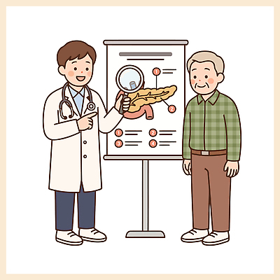 남자 캠페인 일러스트 의학 건강 병원 대화 설명 치료 건강관리 진료 환자 의사 정보 검사 상담 예방 확대경 클리닉 건강검진 췌장 증상 국내일러스트 AI파일 모션 관리 말하기 사람 의료진 장기 파일형식 벡터 직업 신체
