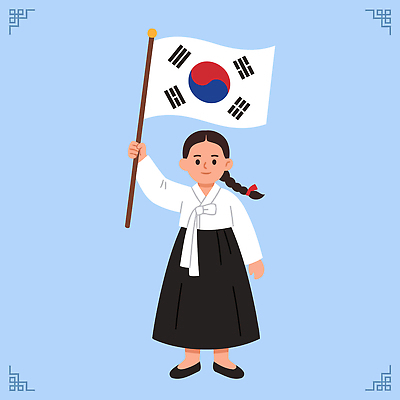 학생 디자인 기념일 상징 일러스트 한국 웃음 태극기 한복 광복절 국내일러스트 AI파일 한국전통 아시아 표정 이벤트 공휴일 국기 전통의상 국경일 파일형식 벡터 전통 나라
