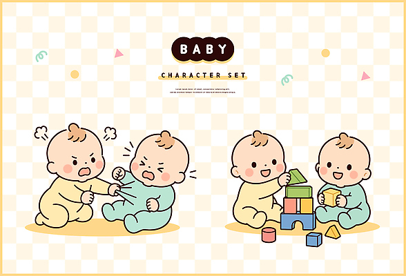 일러스트 놀이 웃음 친구 장난감 아기 쌍둥이 즐거움 싸움 소통 블록쌓기 상호작용 국내일러스트 AI파일 감정 컨셉 가족 관계 모션 표정 사람 쌓기 블록 파일형식 벡터