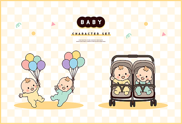 캐릭터 일러스트 놀이 웃음 친구 귀여움 아기용품 아기 쌍둥이 즐거움 유모차 풍선 국내일러스트 AI파일 감정 컨셉 가족 관계 표정 사람 오브젝트 파일형식 벡터