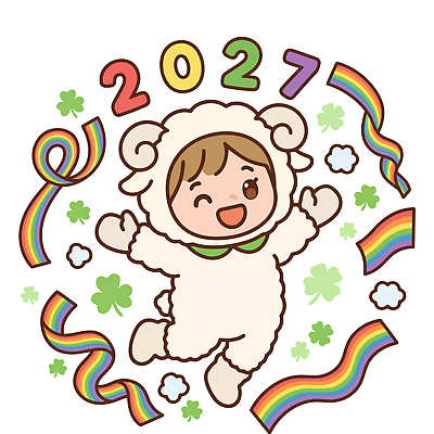 캐릭터 행복 어린이 무지개 일러스트 대화 웃음 기쁨 축하 춤 양띠 클로버 즐거움 2027년 국내일러스트 AI파일 자연요소 감정 컨셉 문화예술 표정 말하기 사람 십이지신 양 연도 파일형식 벡터 포유류 모션 동물