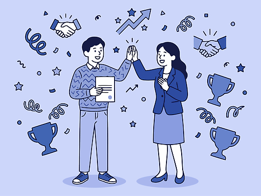 여자 남자 일러스트 회사 성공 협력 악수 기념 대화 협상 정장 두명 믿음 기쁨 축하 목표 결과 트로피 문서 하이파이브 손맞잡기 파트너십 국내일러스트 AI파일 옷 감정 컨셉 비즈니스 말하기 사람 손짓 손잡기 상 파일형식 벡터 모션 상패 우승 최고
