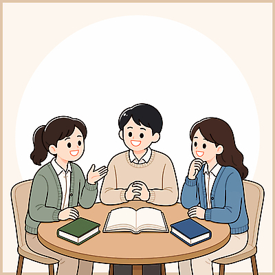 여자 남자 생각 일러스트 이야기 대화 앉기 책 친구 학습 독서 모임 그룹 토론 읽기 공유 소통 국내일러스트 AI파일 교육 컨셉 관계 모션 말하기 사람 파일형식 벡터