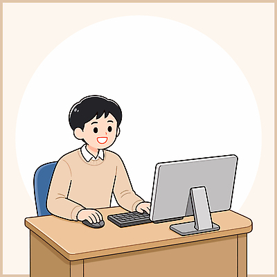 남자 일러스트 직장 기술 미소 사람 컴퓨터 사무실 스크린 교사 키보드 마우스 업무 작업 집중 책상 국내일러스트 AI파일 직업 가구 컨셉 회사 비즈니스 표정 전자제품 컴퓨터용품 파일형식 벡터 생활용품 오브젝트