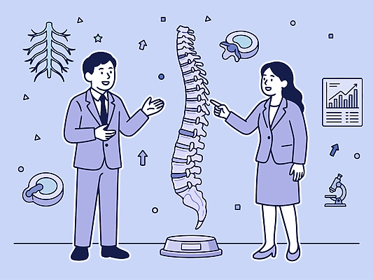 여자 남자 일러스트 의학 건강 병원 대화 설명 치료 모형 자료 진료 환자 의사 척추 상담 정확 국내일러스트 AI파일 컨셉 모션 뼈 말하기 사람 의료진 파일형식 벡터 직업