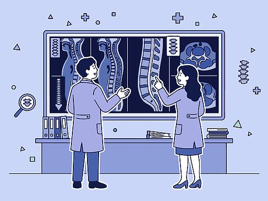 여자 남자 일러스트 의학 건강 대화 치료 스크린 진료 방 환자 의사 도구 전문직 척추 분석 스캔 정확 CT촬영 국내일러스트 AI파일 직업 컨셉 의료기기 뼈 말하기 사람 의료진 파일형식 벡터 모션