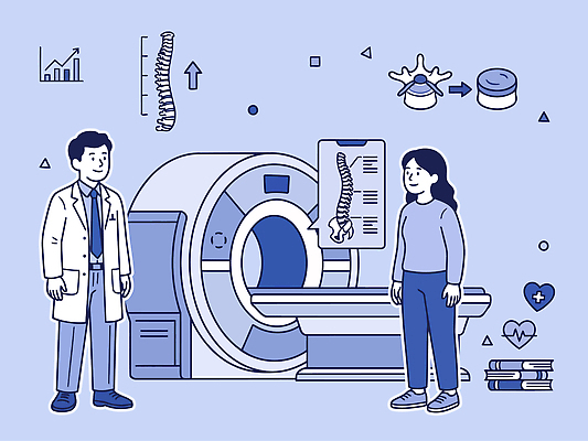 여자 남자 일러스트 의학 건강 병원 설명 치료 기계 진료 환자 의사 결과 척추 분석 검사 상담 소통 MRI 스캔 정확 국내일러스트 AI파일 컨셉 의료기기 모션 뼈 사람 의료진 파일형식 벡터 직업