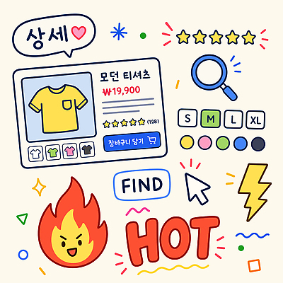 패션 티셔츠 일러스트 쇼핑 세트 정보 선택 낙서 구매 상품 번개 가격 오브젝트 검색 그림 손그림 확대경 클릭 온라인 찾기 핫세일 스타일 국내일러스트 상세페이지 AI파일 컨셉 셔츠 모션 날씨 세일 파일형식 벡터 상의 옷