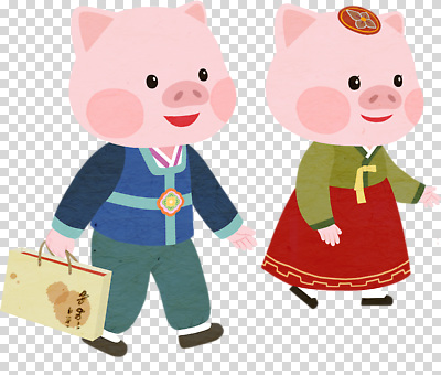 편집이미지 캐릭터 전통 여자 남자 문화 가방 장신구 한국 일상 걷기 돼지 전통의상 PNG 잡화 아시아 포유류 모션 사람 라이프 파일형식 동물 나라 생활