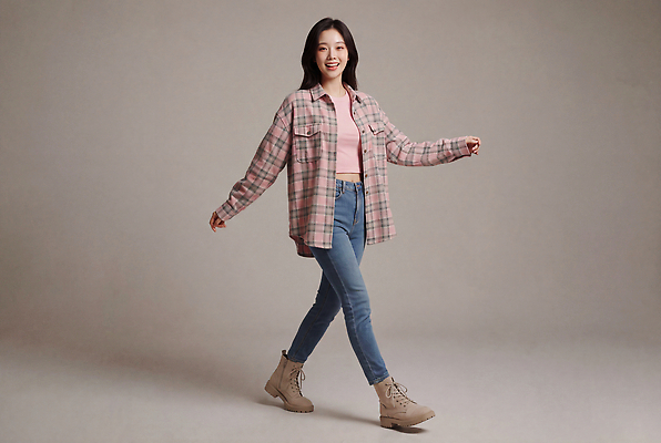 JPG 모델 편집이미지 여자 패션 남방 스튜디오 부츠 미소 캐주얼 걷기 청바지 체크무늬 의료성형뷰티 스타일 편집실사 AI인물포토 AI콘텐츠 옷 신발 셔츠 무늬 바지 모션 표정 사람 CG 파일형식 AI포토 상의 하의