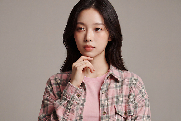 JPG 모델 편집이미지 여자 패션 포즈 남방 생각 스튜디오 캐주얼 체크셔츠 의료성형뷰티 스타일 편집실사 AI인물포토 AI콘텐츠 옷 셔츠 사람 CG 파일형식 AI포토 상의