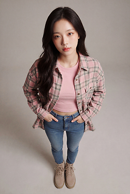 JPG 모델 편집이미지 긴머리 여자 포즈 신발 남방 스튜디오 서기 캐주얼 청바지 체크 의료성형뷰티 스타일 편집실사 AI인물포토 AI콘텐츠 헤어스타일 옷 셔츠 바지 모션 사람 CG 파일형식 AI포토 상의 하의