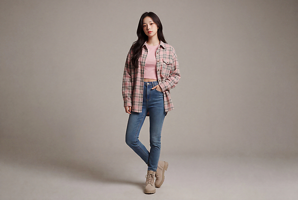 JPG 모델 편집이미지 여자 패션 포즈 남방 실내 캐주얼 재킷 청바지 체크무늬 의료성형뷰티 스타일 편집실사 AI인물포토 AI콘텐츠 옷 셔츠 무늬 바지 사람 내부 외투 CG 파일형식 AI포토 상의 하의