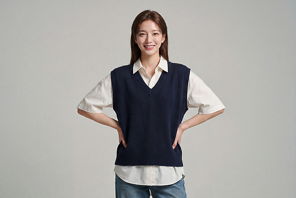 JPG 모델 편집이미지 옷 여자 패션 셔츠 스튜디오 웃음 조끼 의료성형뷰티 스타일 편집실사 AI인물포토 AI콘텐츠 상의 표정 사람 외투 CG 파일형식 AI포토