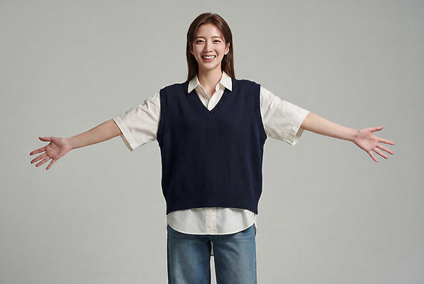 JPG 모델 편집이미지 디자인 옷 여자 포즈 셔츠 스튜디오 표정 미소 조끼 의료성형뷰티 편집실사 AI인물포토 AI콘텐츠 상의 사람 외투 CG 파일형식 AI포토