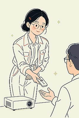 여자 남자 일러스트 기술 표정 대화 사무실 만남 예절 작업 도움 리모컨 전달 소통 배려 역할 국내일러스트 AI파일 컨셉 비즈니스 말하기 사람 파일형식 벡터 모션