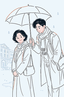 여자 남자 일러스트 우산 날씨 거리 손잡이 건물 걷기 예절 비 편안함 동료 조용 동반 배려 국내일러스트 AI파일 자연요소 건축물 관계 모션 사람 감각 파일형식 벡터 건축