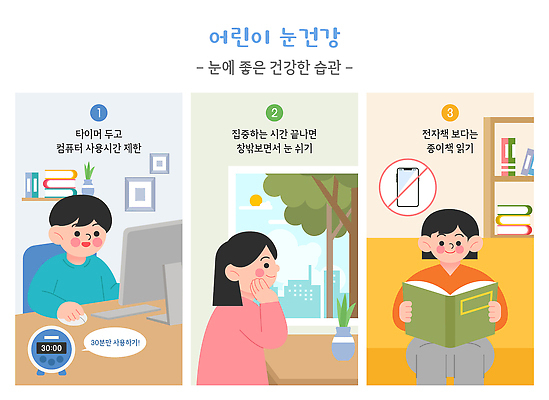 교육 어린이 일러스트 건강 피곤 책 학습 컴퓨터 눈 집중 예방 시력 타이머 습관 방법 눈건강 국내일러스트 AI파일 컨셉 사람 전자제품 파일형식 벡터